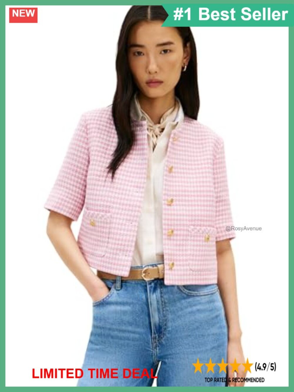 Tweed Cropped Jacket with Pockets Short Sleeve Blazer